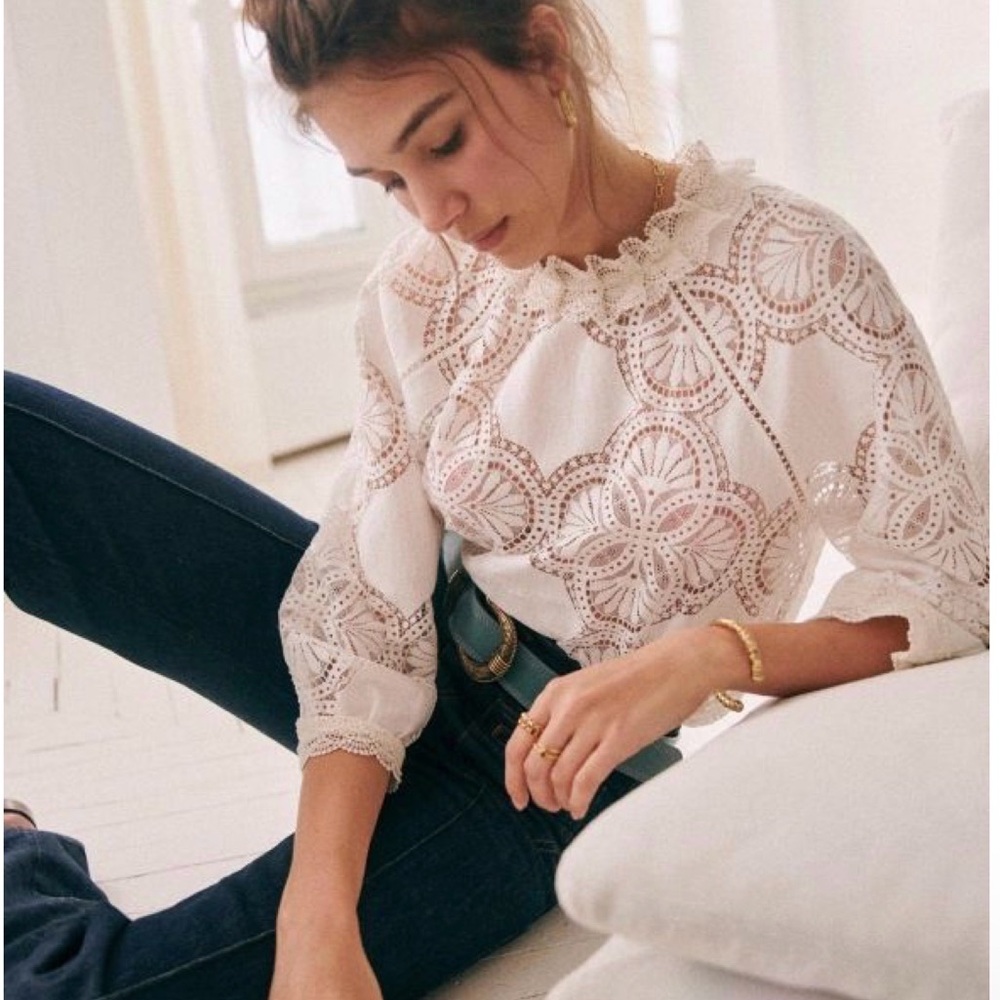 Sézane Bianca Ecru Eyelet Lace Blouse Organic Cotton Size 2 - Picture 8 of 14